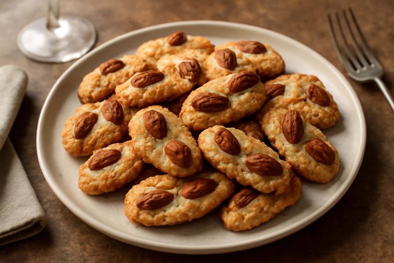 Biscotti di Alessandria dorati e croccanti disposti su un piatto bianco, con mandorle intere visibili in superficie e una spruzzata di zucchero semolato