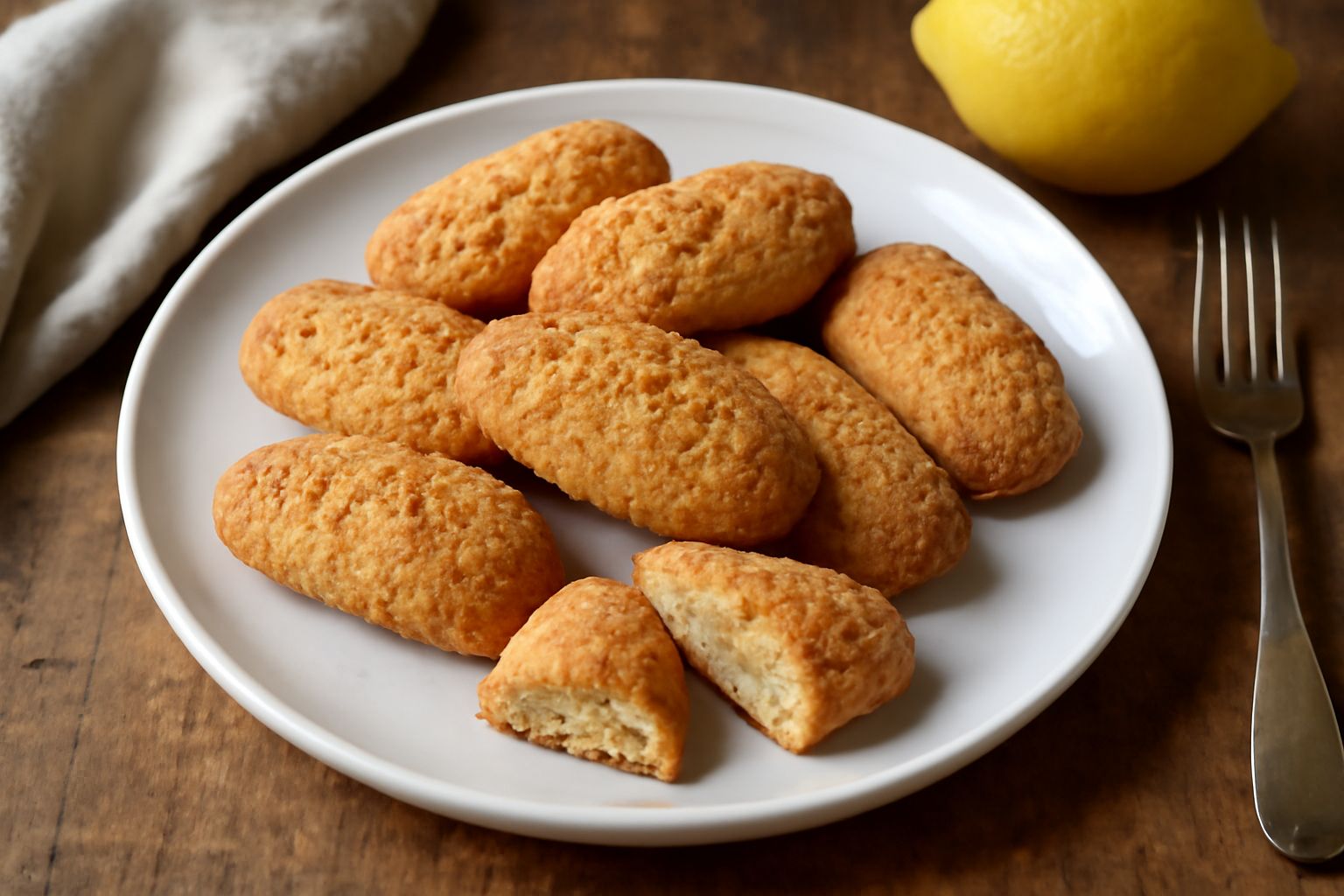 Biscotti di Amalfi dorati e croccanti disposti su un piatto bianco con scorza di limone fresco, sfondo di mattoni chiari e una tazza di caffè sfuocata