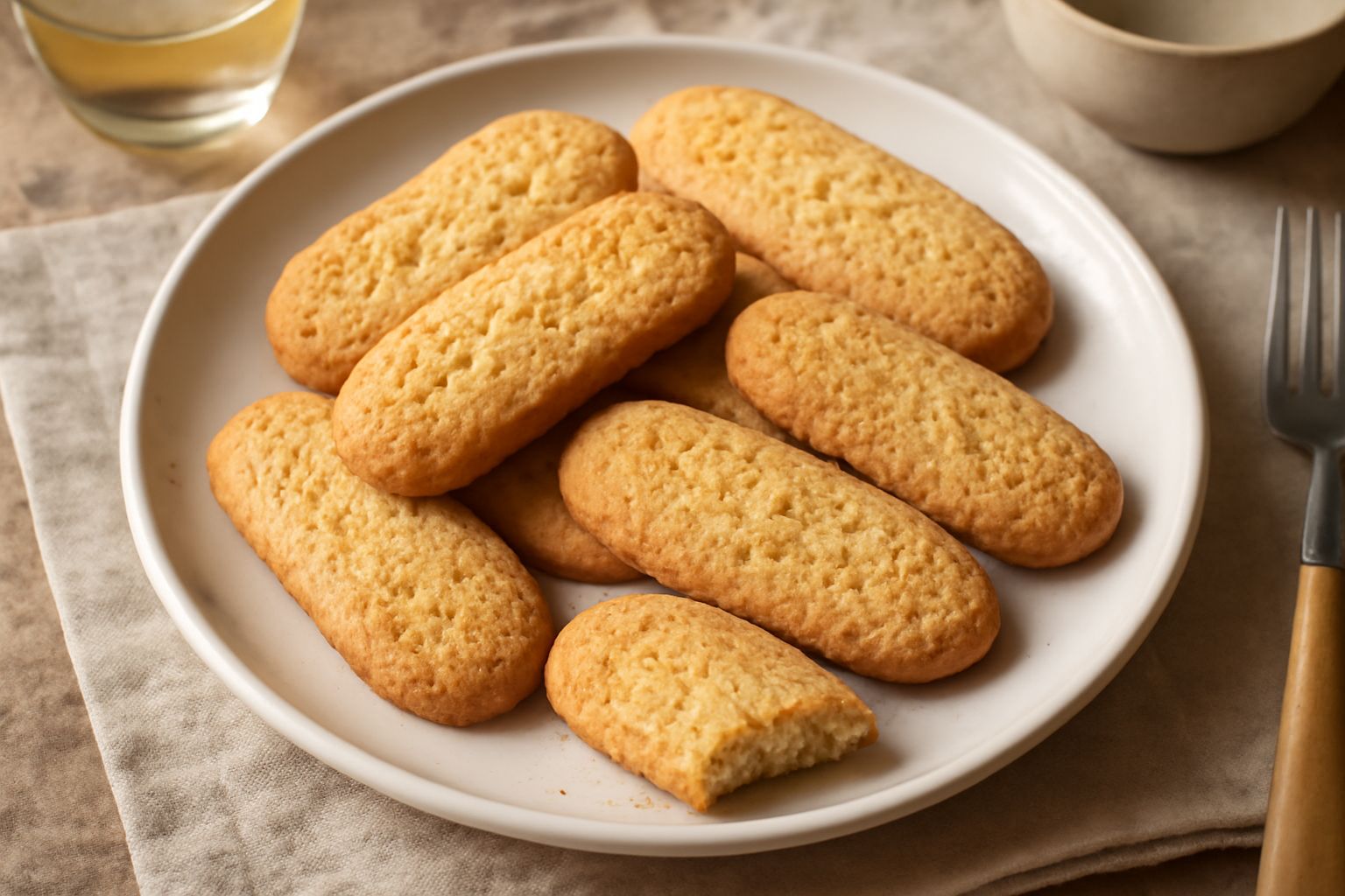 Biscotti di Aosta dorati e croccanti disposti su una carta forno, con forma allungata leggermente schiacciata, superficie ruvida e colorazione uniforme marrone chiaro