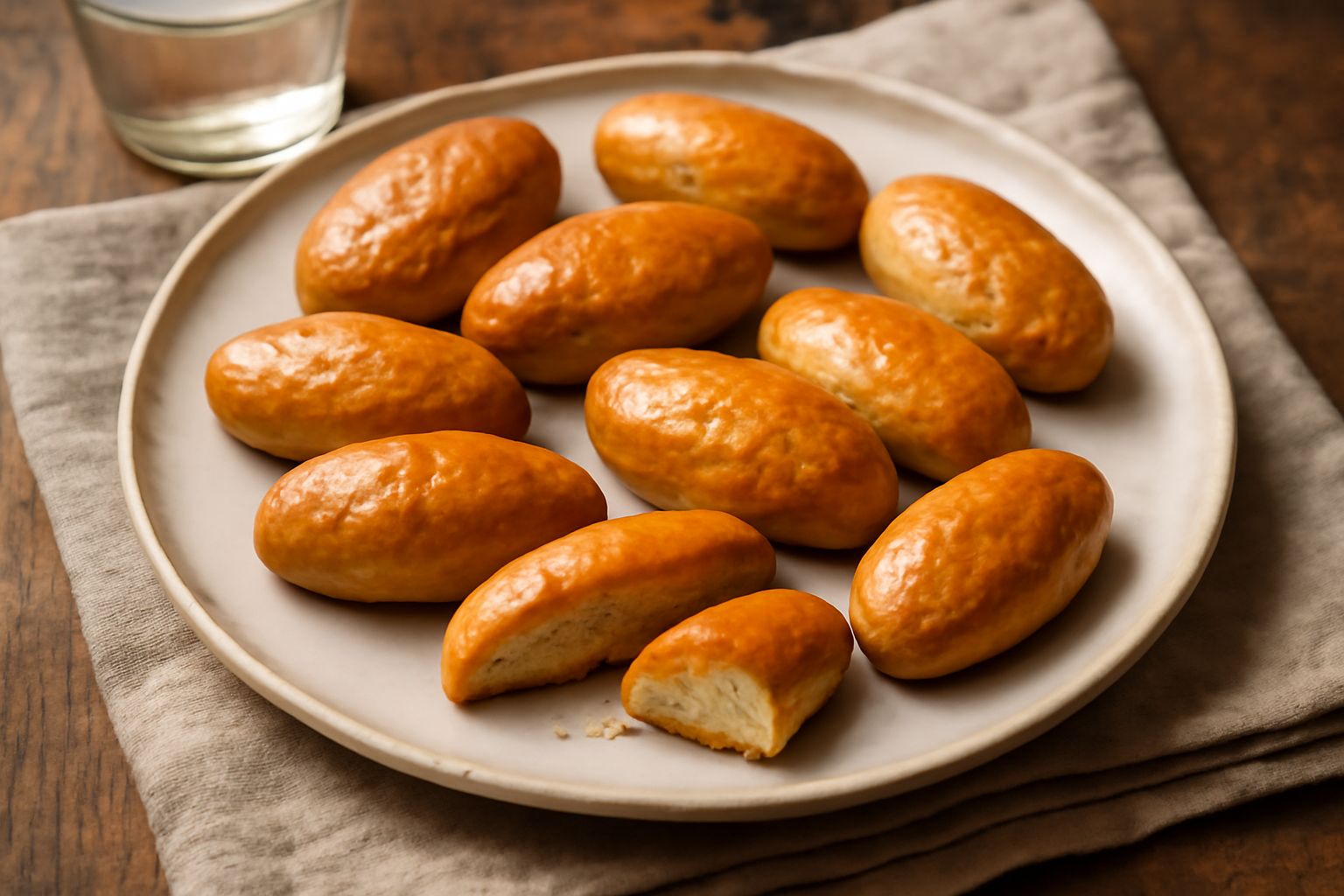 Biscotti dorati e croccanti di forma ovale disposti su un piatto bianco, con superficie liscia e colore uniforme ambrato, su sfondo neutro chiaro
