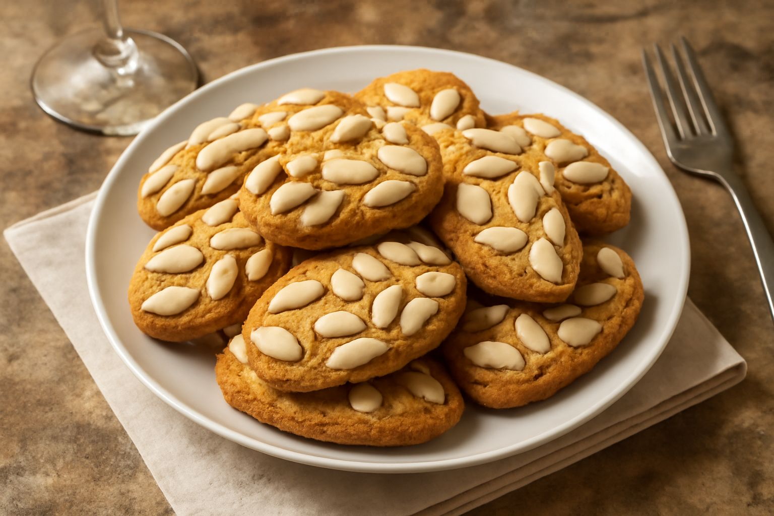 Biscotti di Assisi disposti su piatto bianco: biscotti dorati, ovali, ricoperti di mandorle intere bianche, croccanti, con sfondo di caffè in tazza