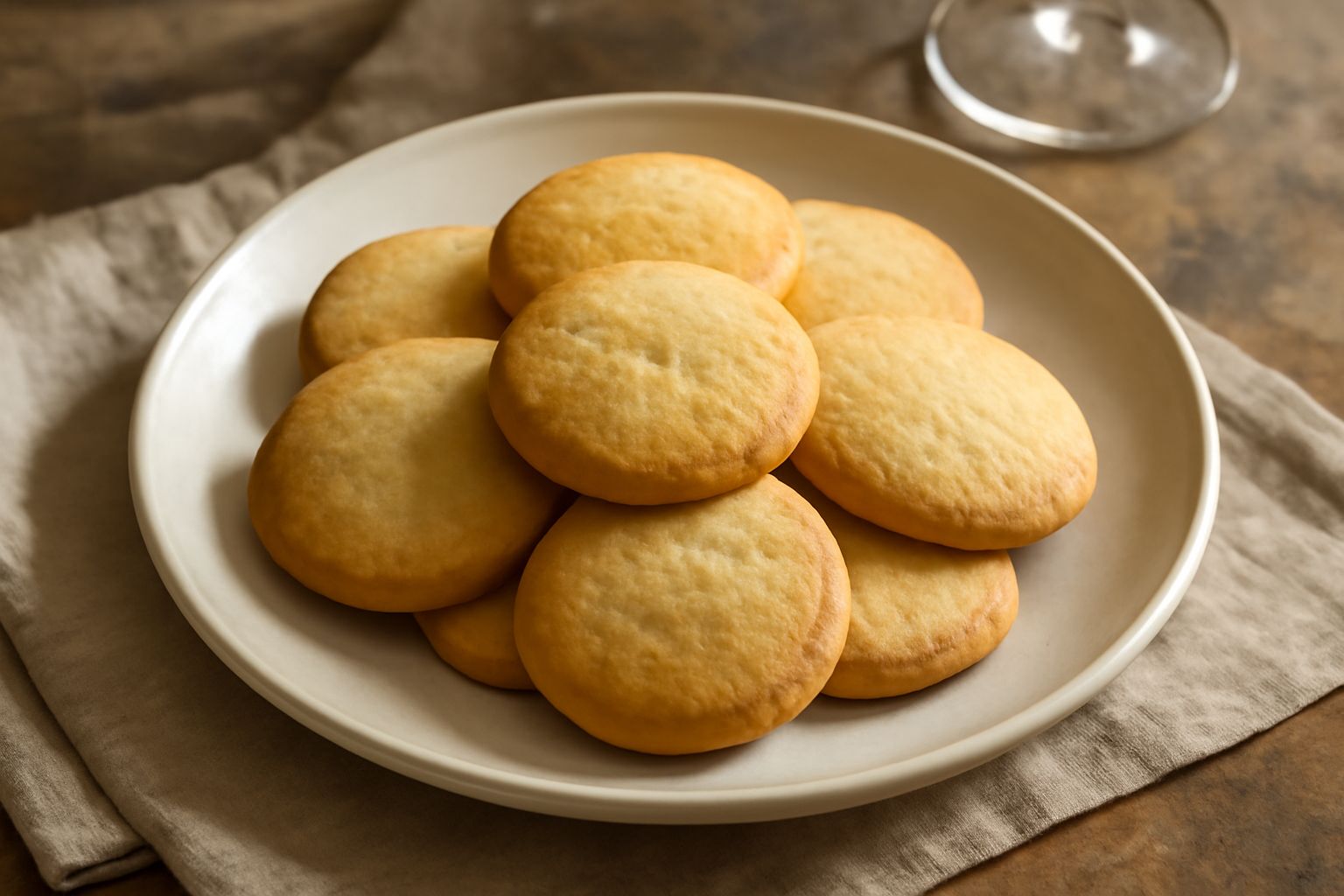 Biscotti di Asti tondi e dorati, leggeri e friabili, disposti su un piatto bianco con il profilo netto della forma caratteristica tonda e leggermente gonfia