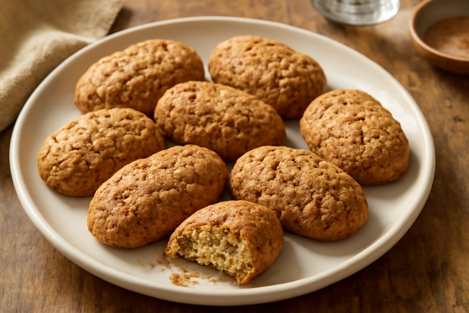 Biscotti di Avellino dorati disposti su piatto bianco, dalla forma ovale e leggermente stondata, con superficie croccante e visibile granulometria di nocciole tostate