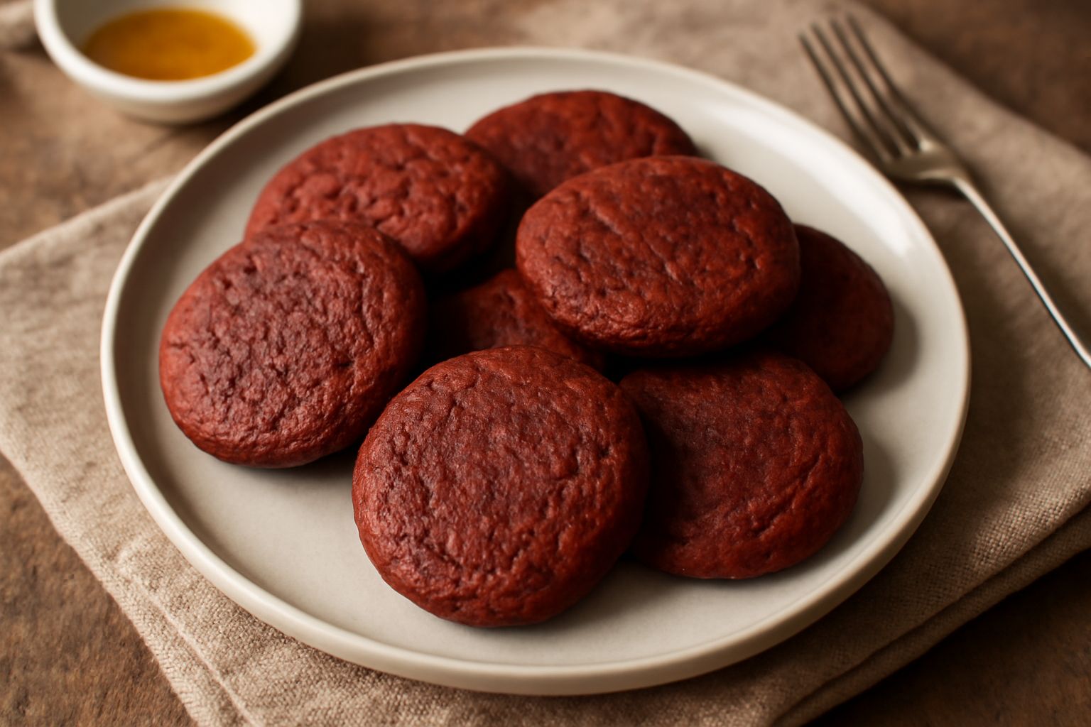 Biscotti di barbabietola di forma rotonda con bordi leggermente ondulati, colore rosso scuro uniforme, impilati su carta bianca con alcuni frammenti sparsi in primo piano