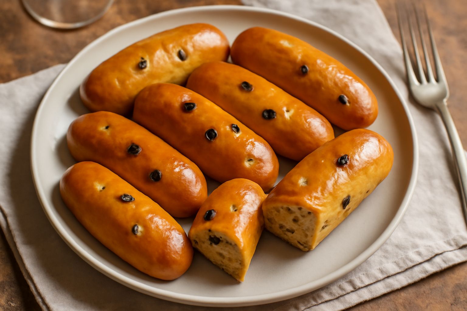 Biscotti di Bergamo dorati e croccanti disposti su un piatto bianco, con visibili pezzi di uvetta scura e pinoli, sfondo con una tazza di caffè sfocata