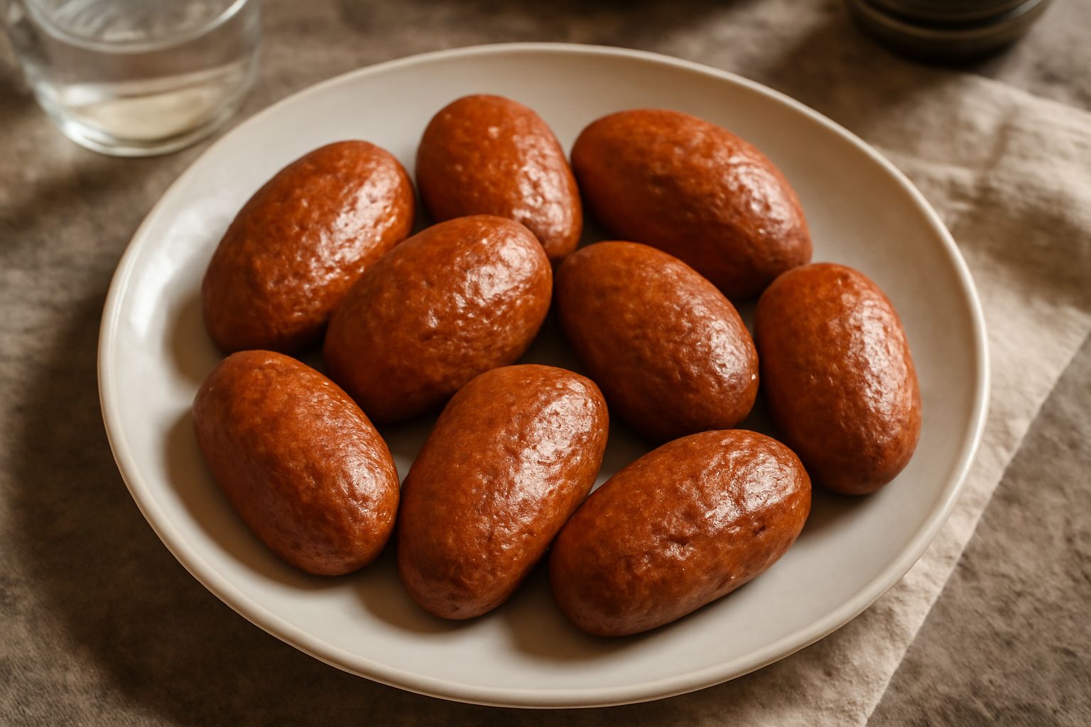 Biscotti di Caiazzo disposti su piatto bianco, di forma ovale leggermente schiacciata, color ambrato carico, superficie croccante leggermente screpolata, con sfondo sfocato di tazza di caffè