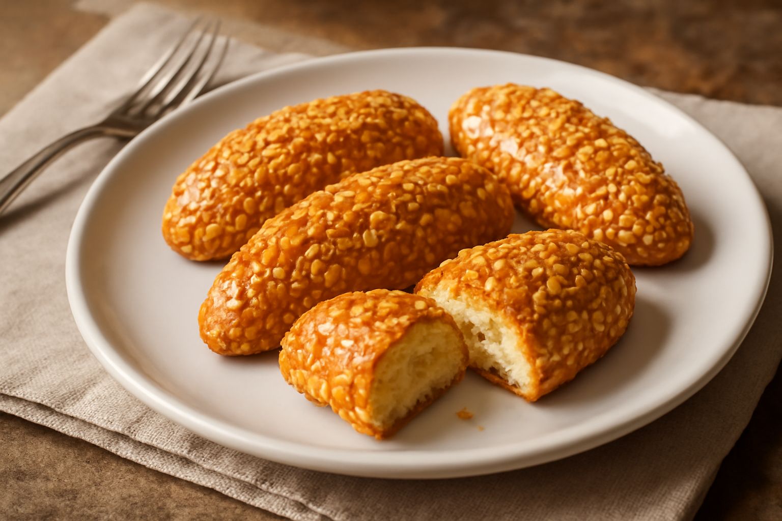 Biscotti di Camerino color oro disposti in file su una carta bianca. Forma ovale allungata, superficie liscia e brillante, mandorle sminuzzate visibili sulla parte esterna. Sfondo in legno naturale.