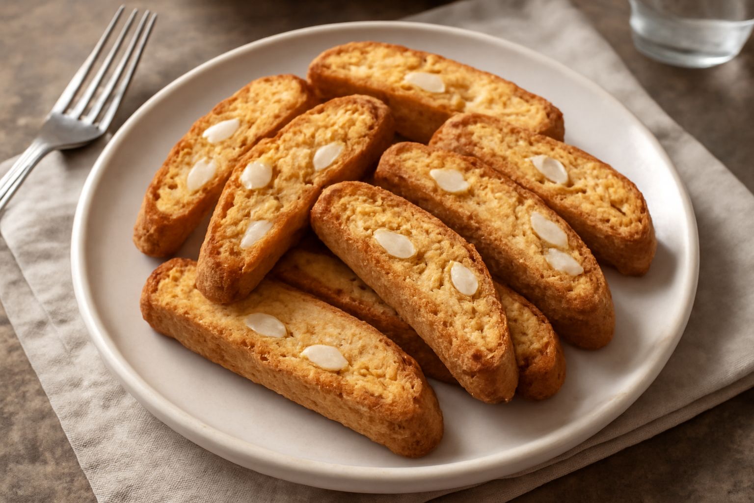 Biscotti di Cantù dorati e croccanti disposti su una superficie di legno, con mandorle sbucciate sparse accanto e una tazza di caffè sfocata sullo sfondo