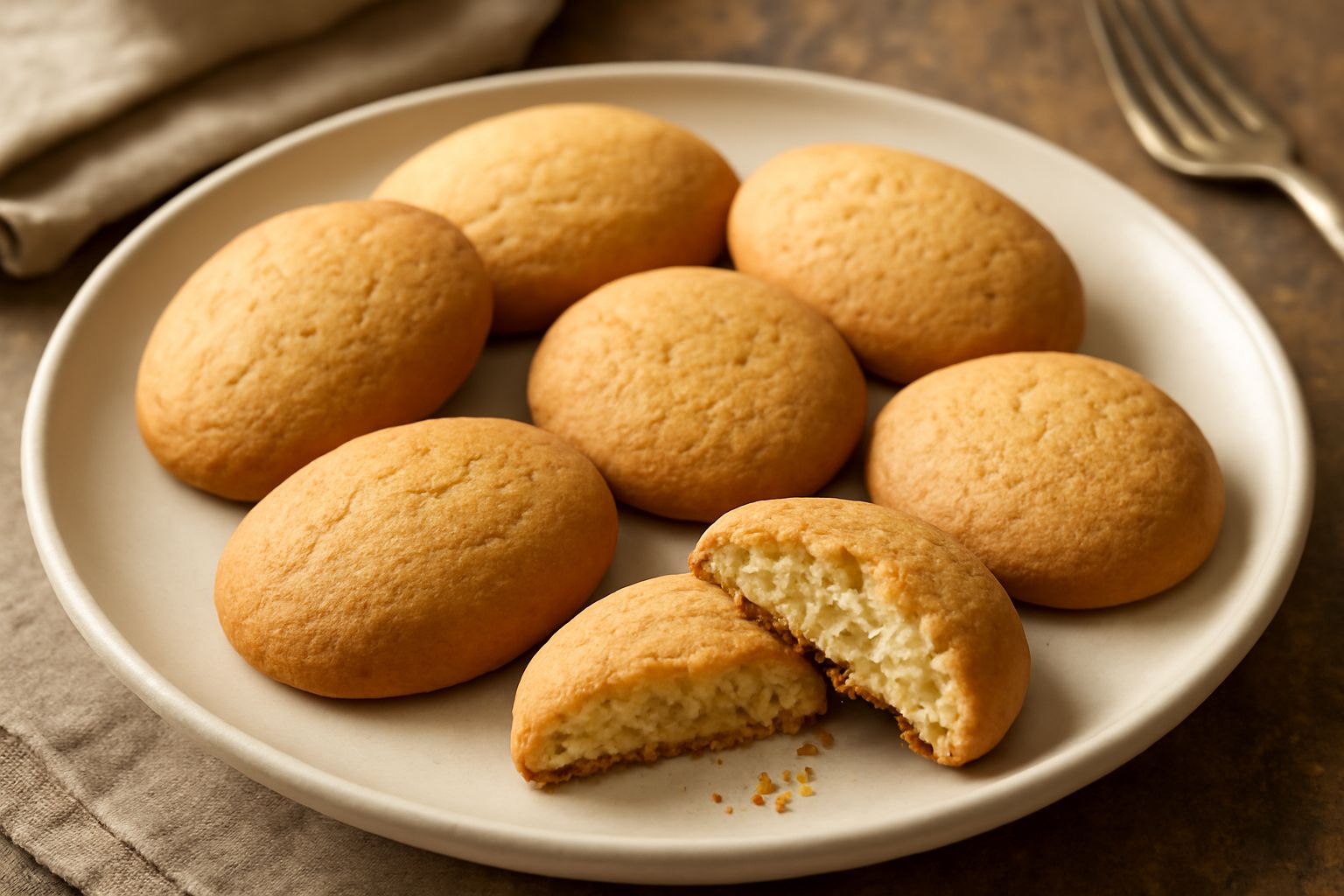 Biscotti di Caserta color oro disposti a ventaglio su un piatto bianco, friabili e leggermente gonfi, accanto a una tazza di caffè scuro e latte