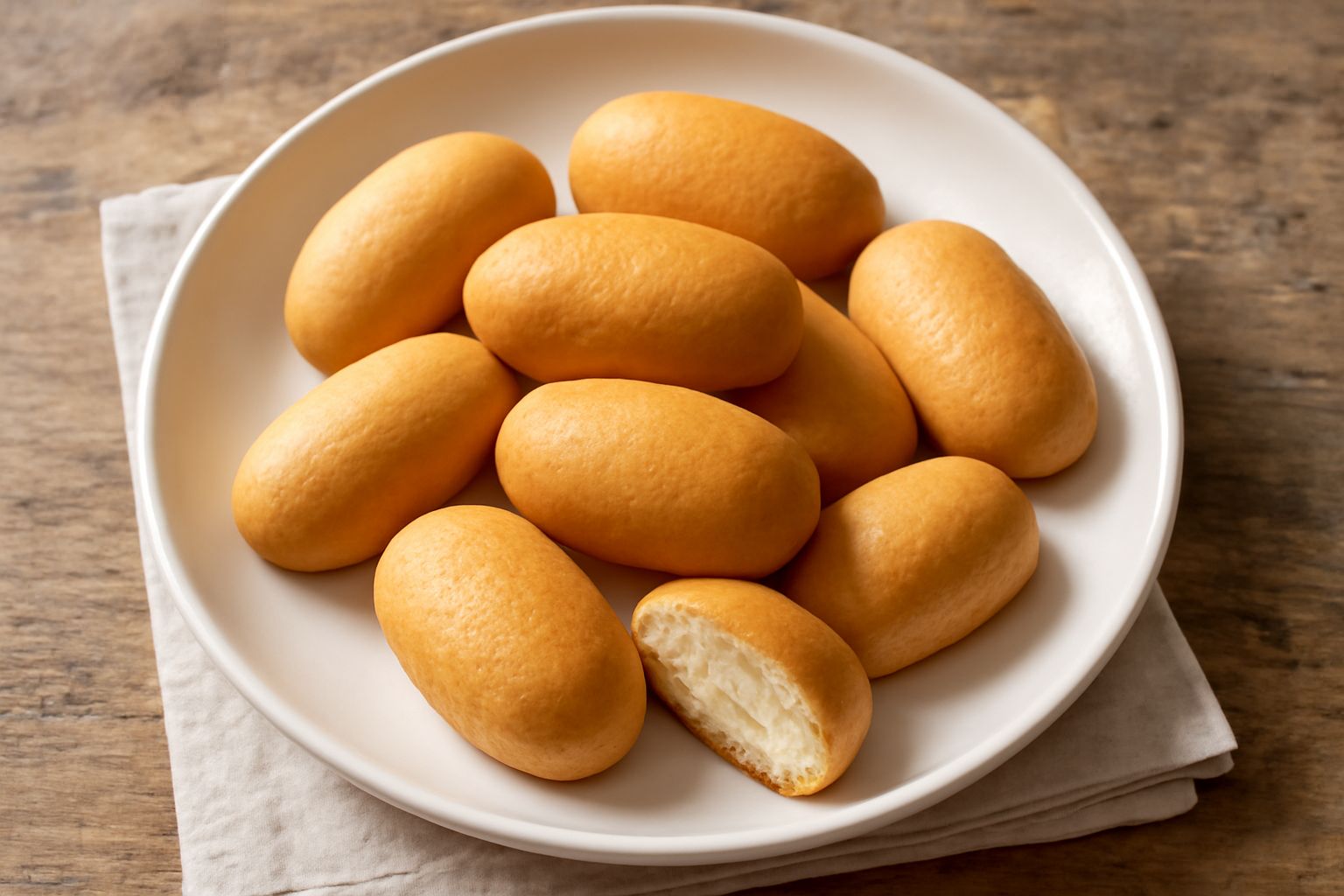 Biscotti di Castellammare disposti su un piatto bianco, colore dorato uniforme, forma ovale con superficie liscia, alcuni infilati in un bicchiere, tavolo di legno sfocato sullo sfondo