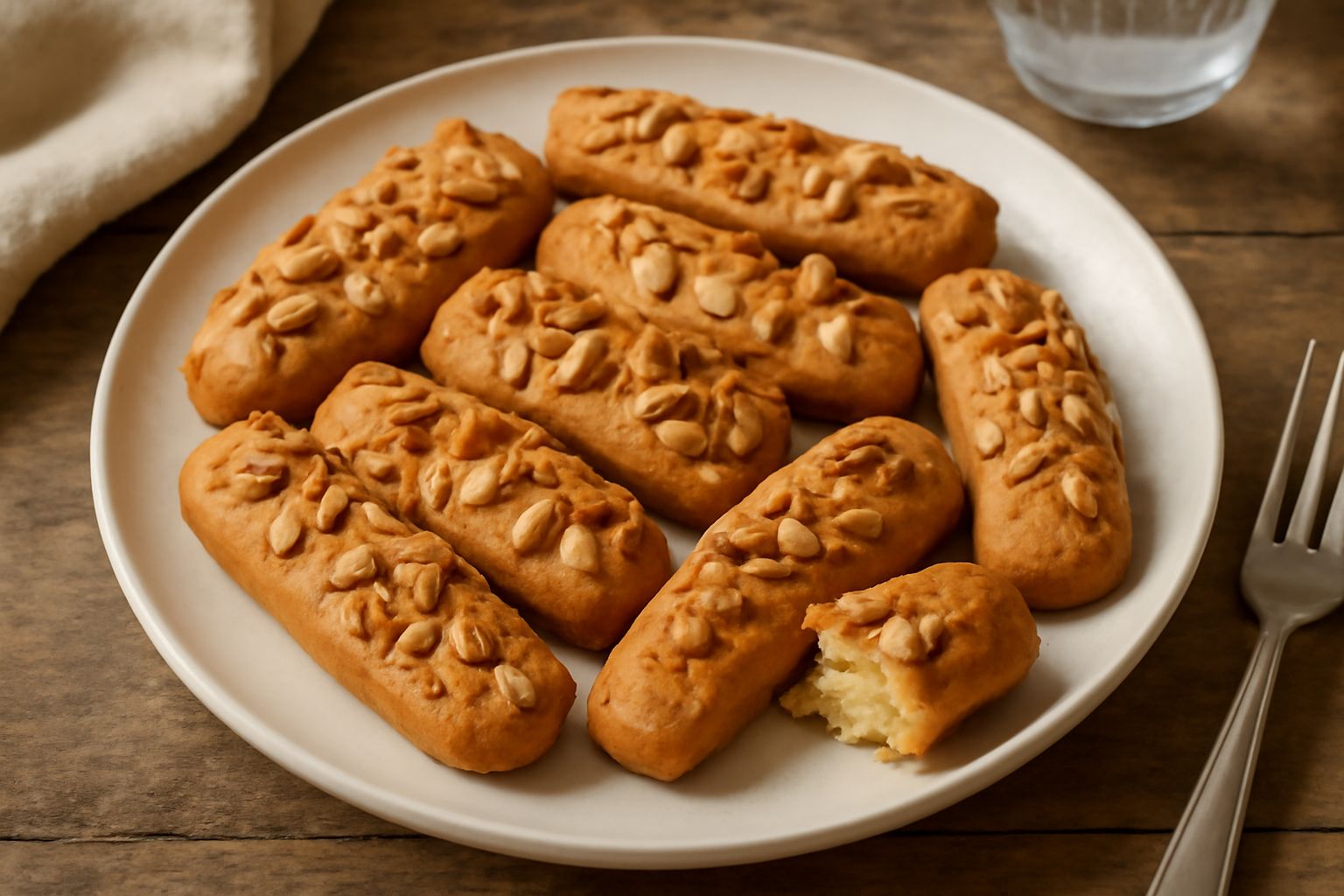 Biscotti di Catania dorati e croccanti adagiati su un piatto bianco, con mandorle visibili sulla superficie e sfumature color miele, sfondo di legno chiaro