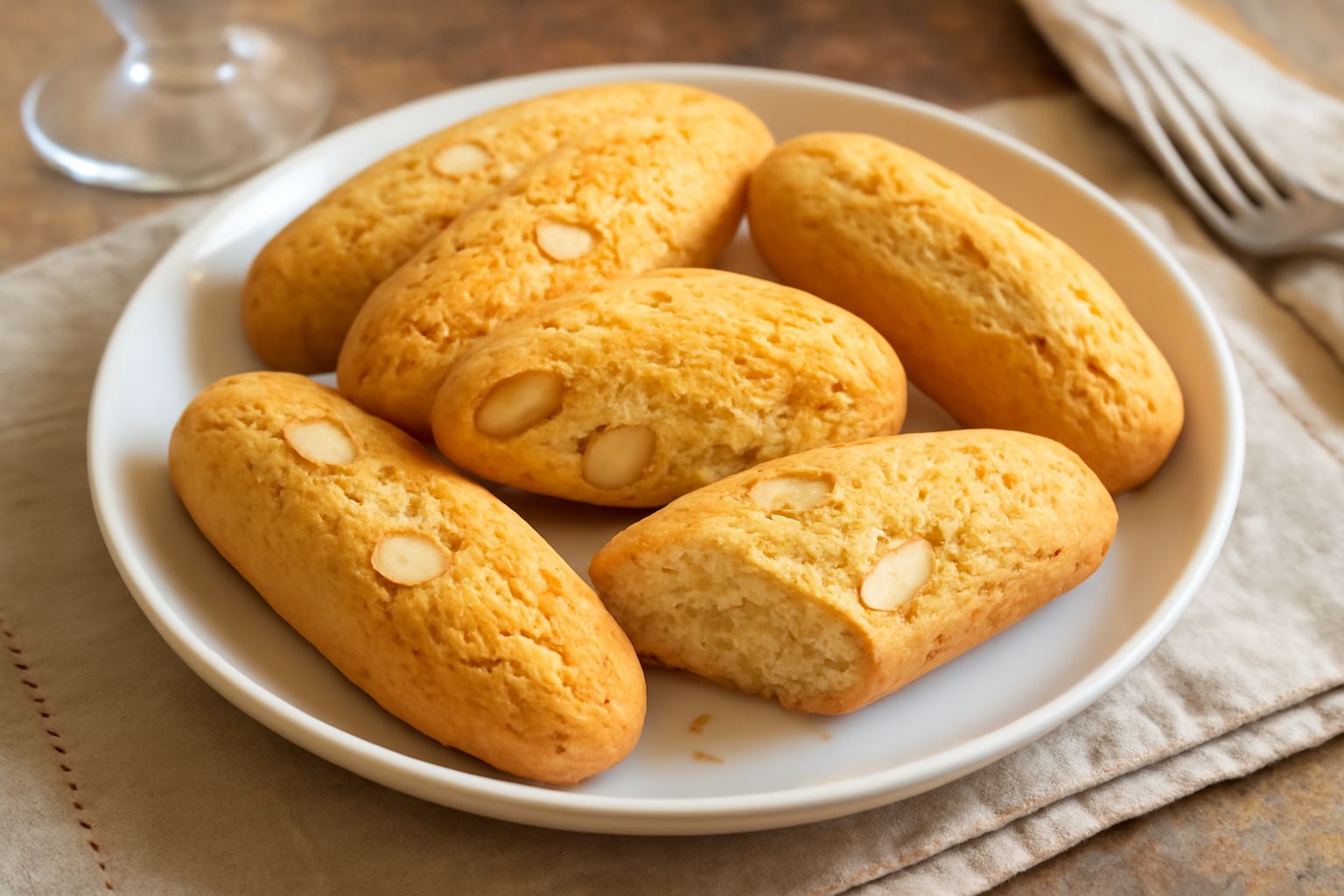Biscotti dorati di forma ovale e allungata, disposti su un piatto bianco, con mandorle visibili sulla superficie. Accanto una tazzina di caffè nero e qualche mandorla sciolta.