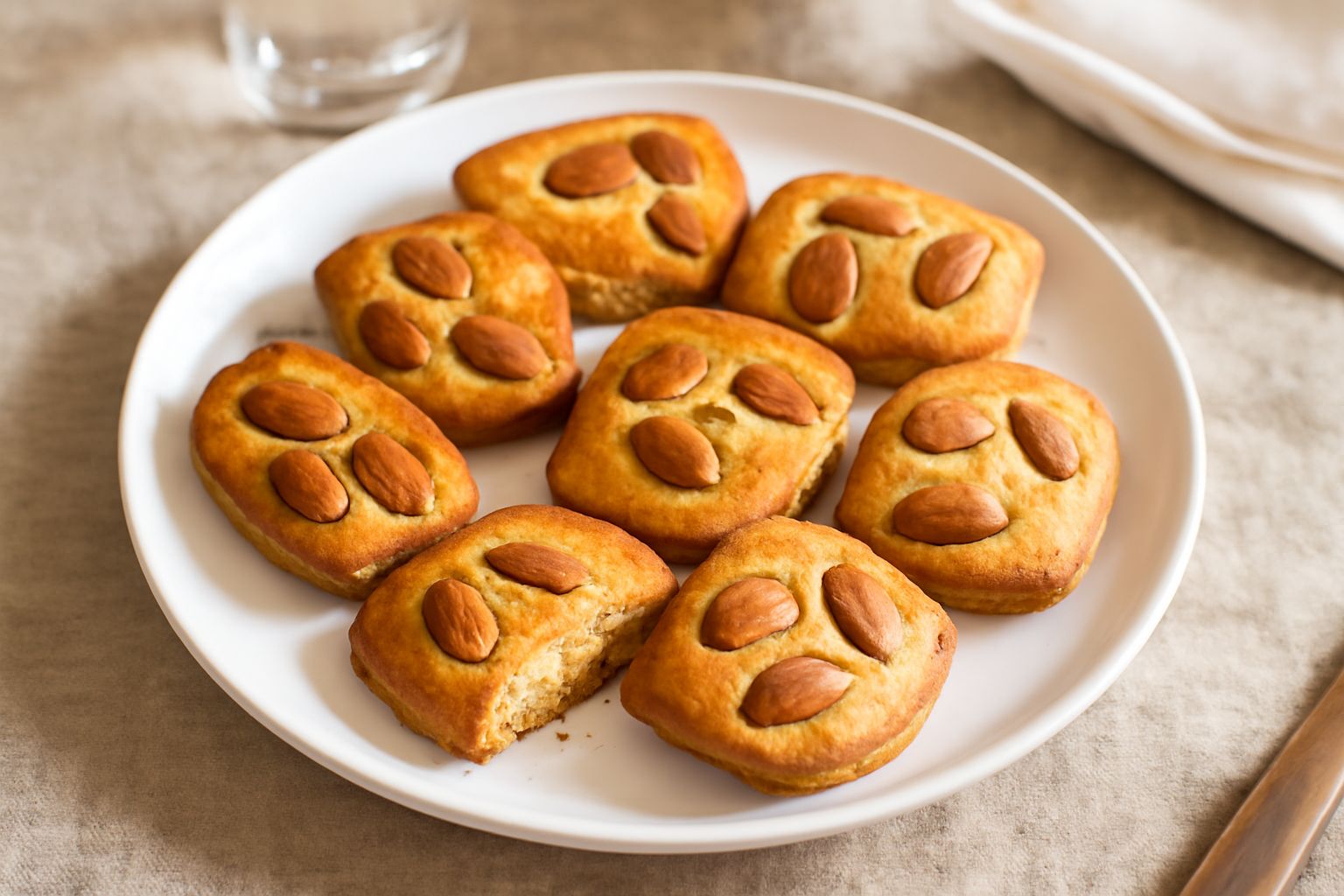 Biscotti di Cogne disposti su carta pergamena bianca, color oro dorato con superficie leggermente rigata, mandorle intere visibili, mucchio disordinato da cui emerge un biscotto spezzato che mostra l 