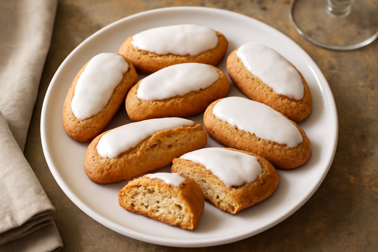 Biscotti ovali color dorato-ambrato, croccanti, ricoperti parzialmente di glassa bianca, disposti su piatto bianco con sfondo di mandorle intere e cucchiaio di legno