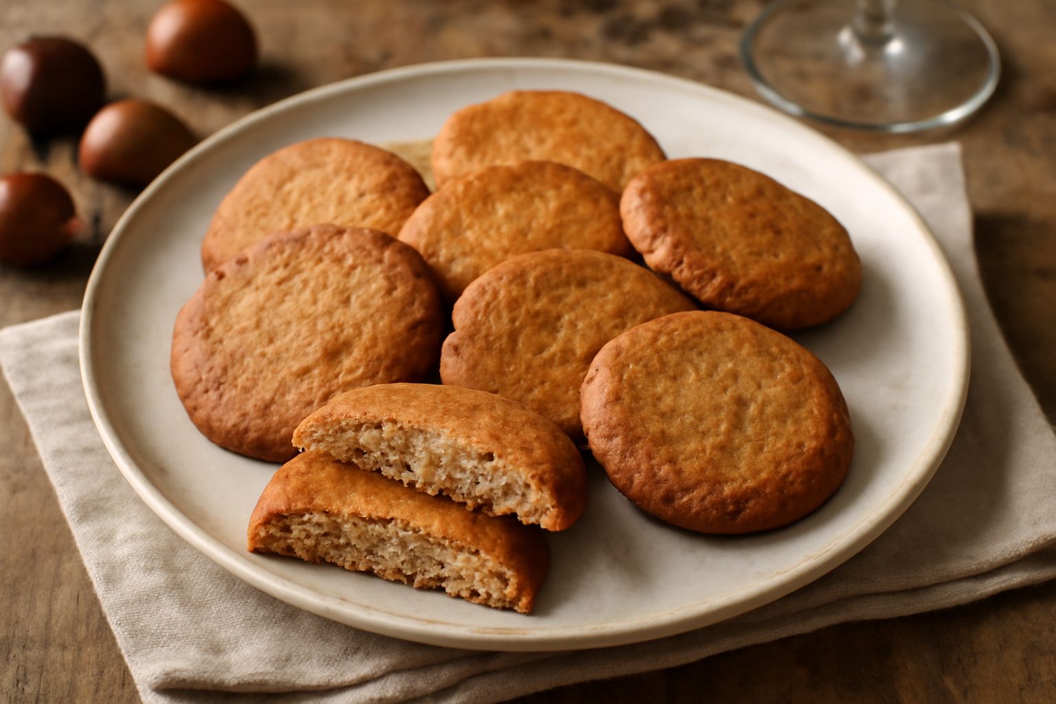Biscotti di farina di castagna disposti su un piatto bianco, dorati e croccanti, con una consistenza friabile visibile, accompagnati da una tazza di tisana fumante su fondo legno naturale