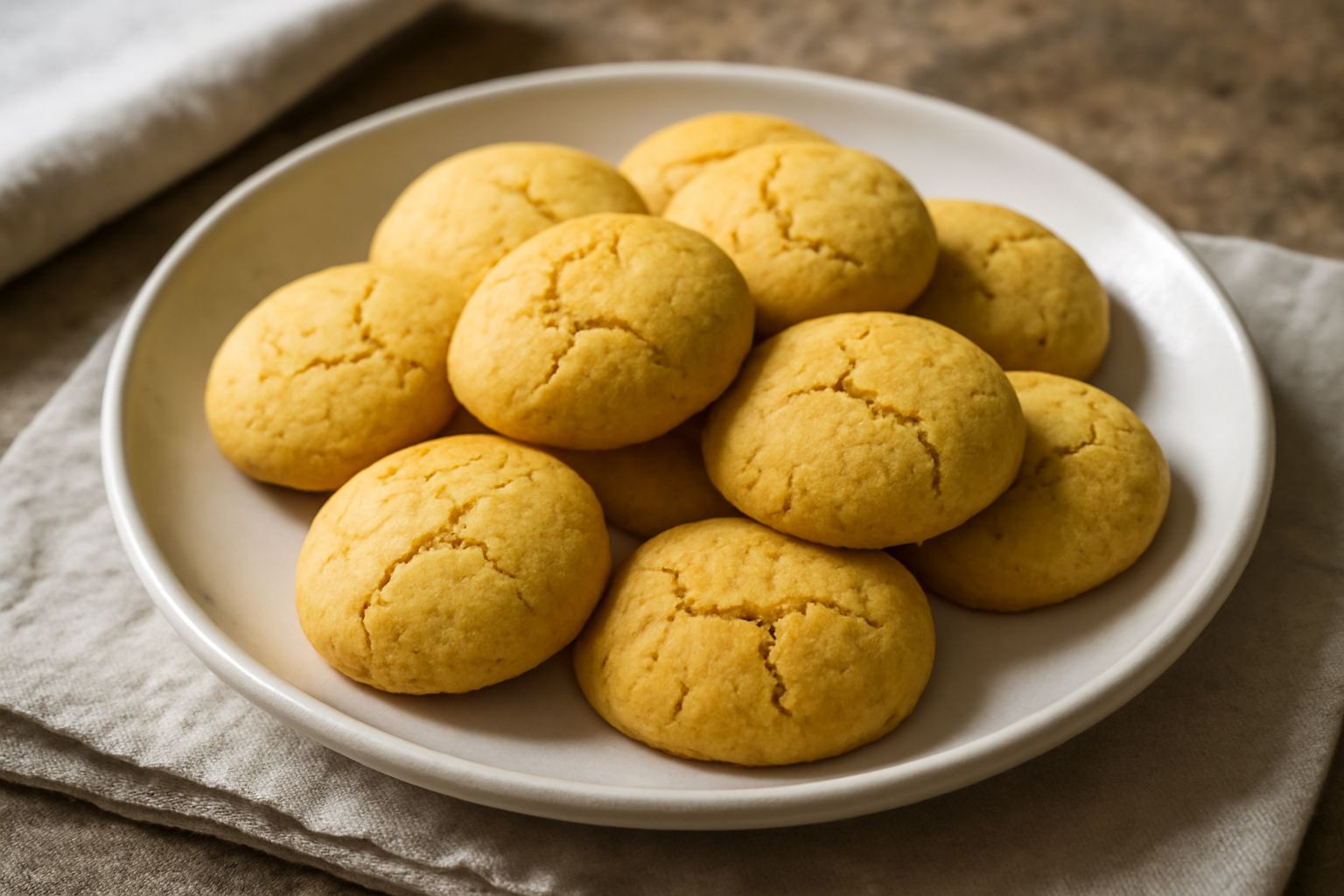 Biscotti tondi e dorati di farina di ceci disposti su una superficie in legno, con superficie rugosa e leggeri screpolature, accanto a un cucchiaio con farina di ceci gialla