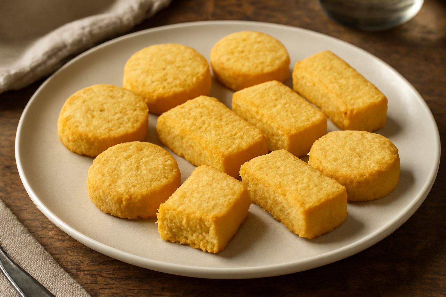 Biscotti di farina di mais color giallo oro su un piatto bianco, da soli e impilati, con una trama visibilmente croccante e friabile, contorni leggermente scuri da cottura.