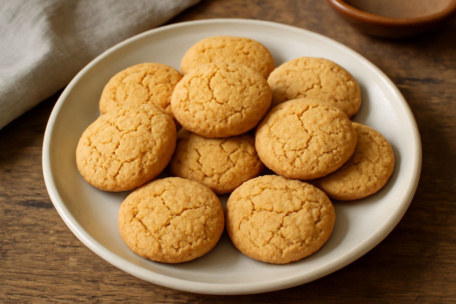 Biscotti di Fermo dorati e croccanti, tondi e leggermente irregolari, disposti su un piatto bianco con uno sfondo di marmo grigio e una tazza di caffè sfocata sullo sfondo