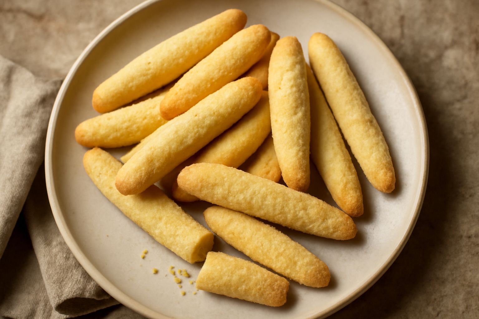 Biscotti di Ferrara color oro pallido, sottili e croccanti, disposti in fila su una superficie di legno naturale con tracce di zucchero semolato sparso accanto