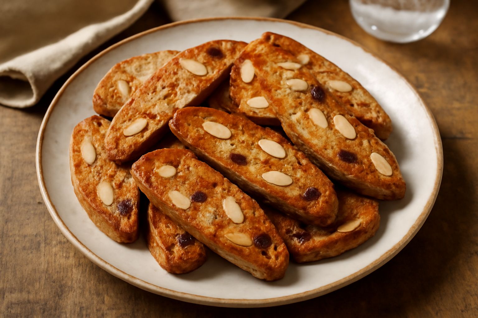 Biscotti di Foligno disposti su una superficie di legno chiaro, di forma allungata e ovale, con mandorle visibili sulla superficie, colore dorato scuro, accanto a una tazza di tè bianca