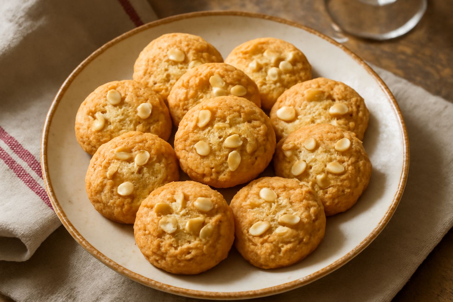 Una dozzina di biscotti di Forlimpopoli tondi e dorati disposti su un piatto di ceramica bianca, con mandorle sbriciolate visibili sulla superficie, accompagnati da una tazza di caffè fumante.