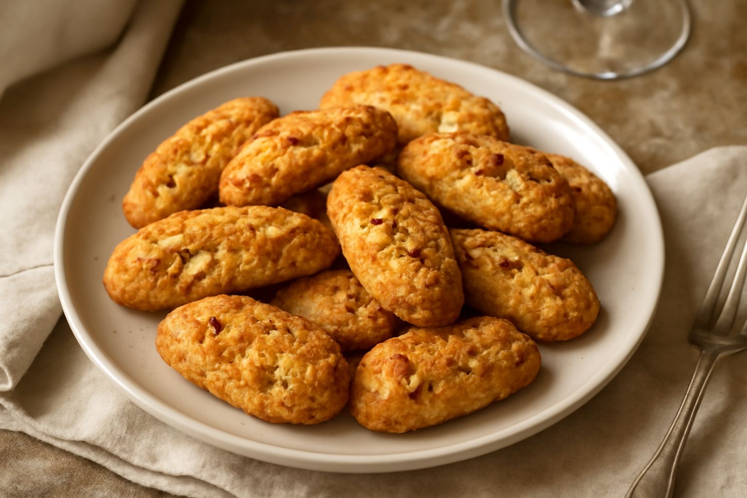 Biscotti dorati e croccanti di forma ovale, disposti su un piatto bianco, con visibile la struttura granulosa delle mandorle tostate, su sfondo di tavolo in legno chiaro