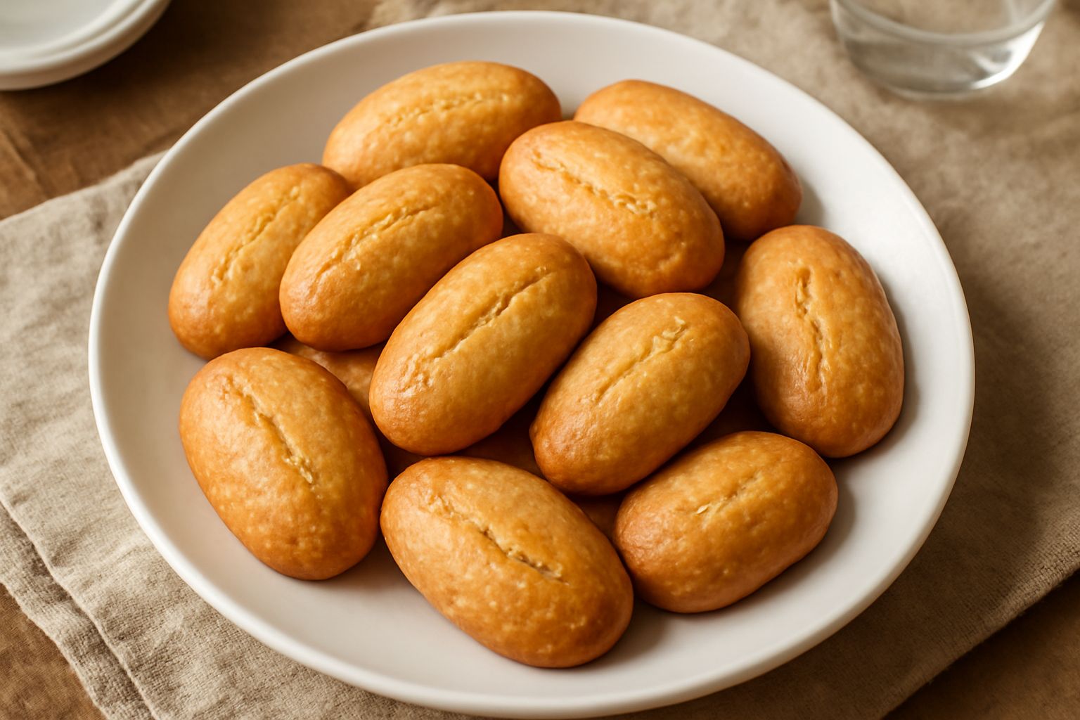 Una decina di biscotti di Genova ovali e dorati disposti su un piattino bianco, con superficie liscia lievemente lucida e colore biondo uniforme