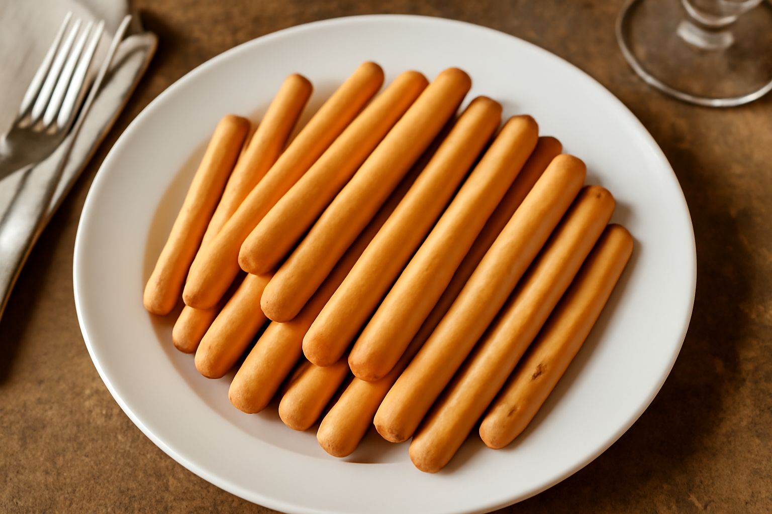 Biscotti di Imperia lunghi e dorati disposti verticalmente su un piatto bianco, croccanti e uniformi, con una tazza di caffe sullo sfondo