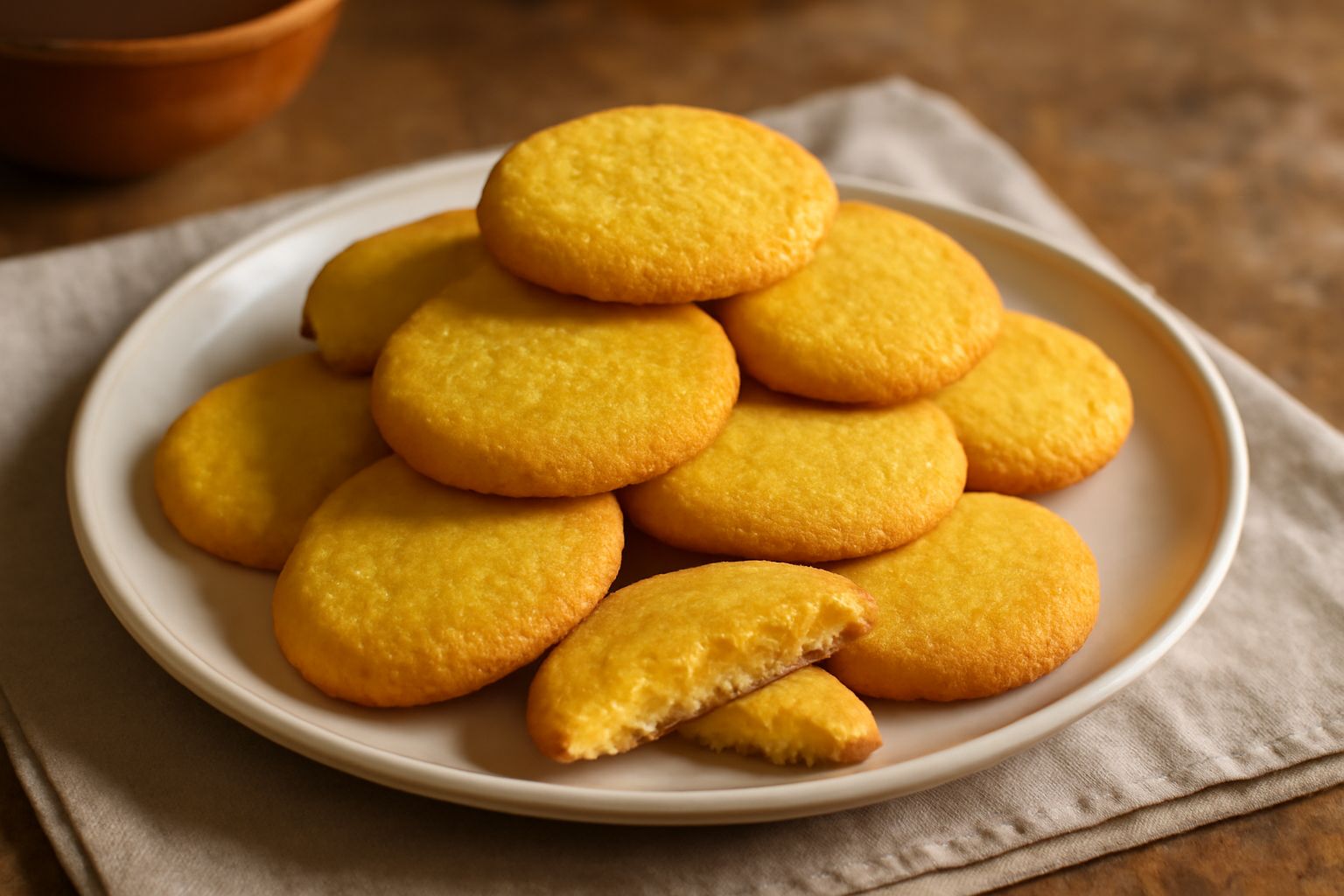 Biscotti di mais color oro uniforme, dalla forma tonda leggermente schiacciata, disposti su una ceramica bianca con una tazza di caffè sfocata sullo sfondo