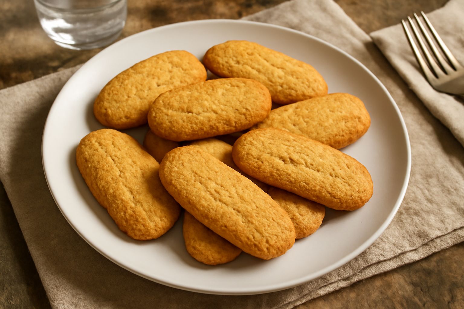 Biscotti di Mantova dorati e croccanti disposti su un piatto bianco, con superficie ruvida, forma leggermente irregolare e colore nocciola uniforme
