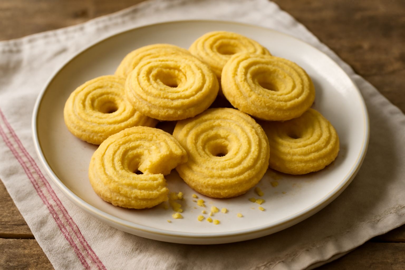 Biscotti tondi e dorati disposti su un piatto bianco, croccanti e sbriciolosi, con il colore giallo tipico della meliga, accompagnati da una tazza di latte