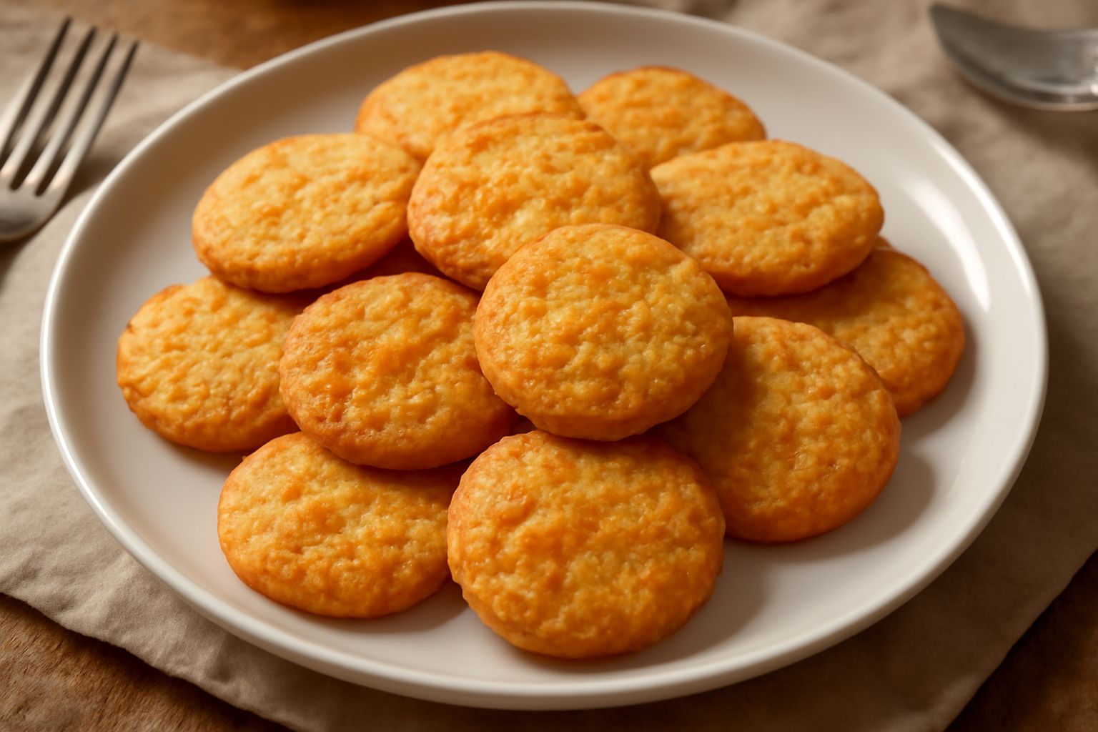 Biscotti dorati e croccanti a forma rotonda su un piatto bianco, con screziature arancioni e una superficie ruvida. Accanto due fette di melone fresco e alcune mandorle affettate.