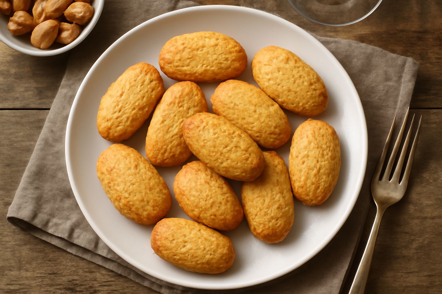 Biscotti di Merano dorati e croccanti disposti su una carta bianca, con sfumature marroni chiare, forme ovoidali compatte, sfondo di mandorle pelate e cucchiaio di legno con farina