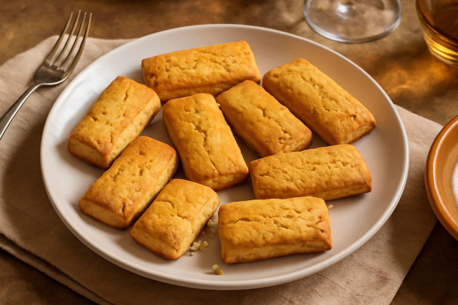Biscotti di Modica color oro disposti su un piatto bianco, dalla forma rettangolare leggermente ondulata, con superficie croccante e screpolature dorate, sfondo neutro