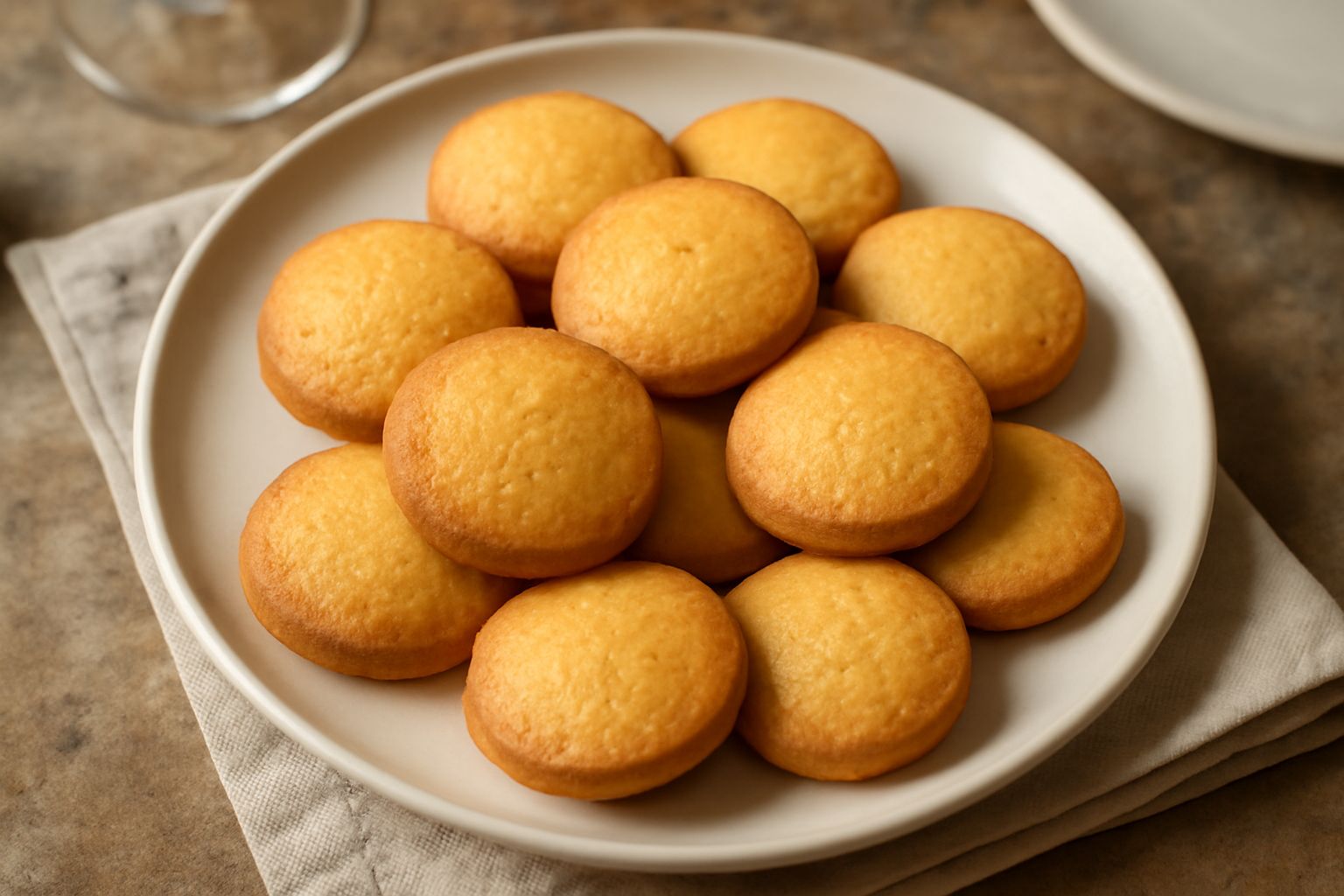 Biscotti tondi color oro disposti su una carta bianca, croccanti e levigati in superficie, con venature dorate visibili e spigoli netti