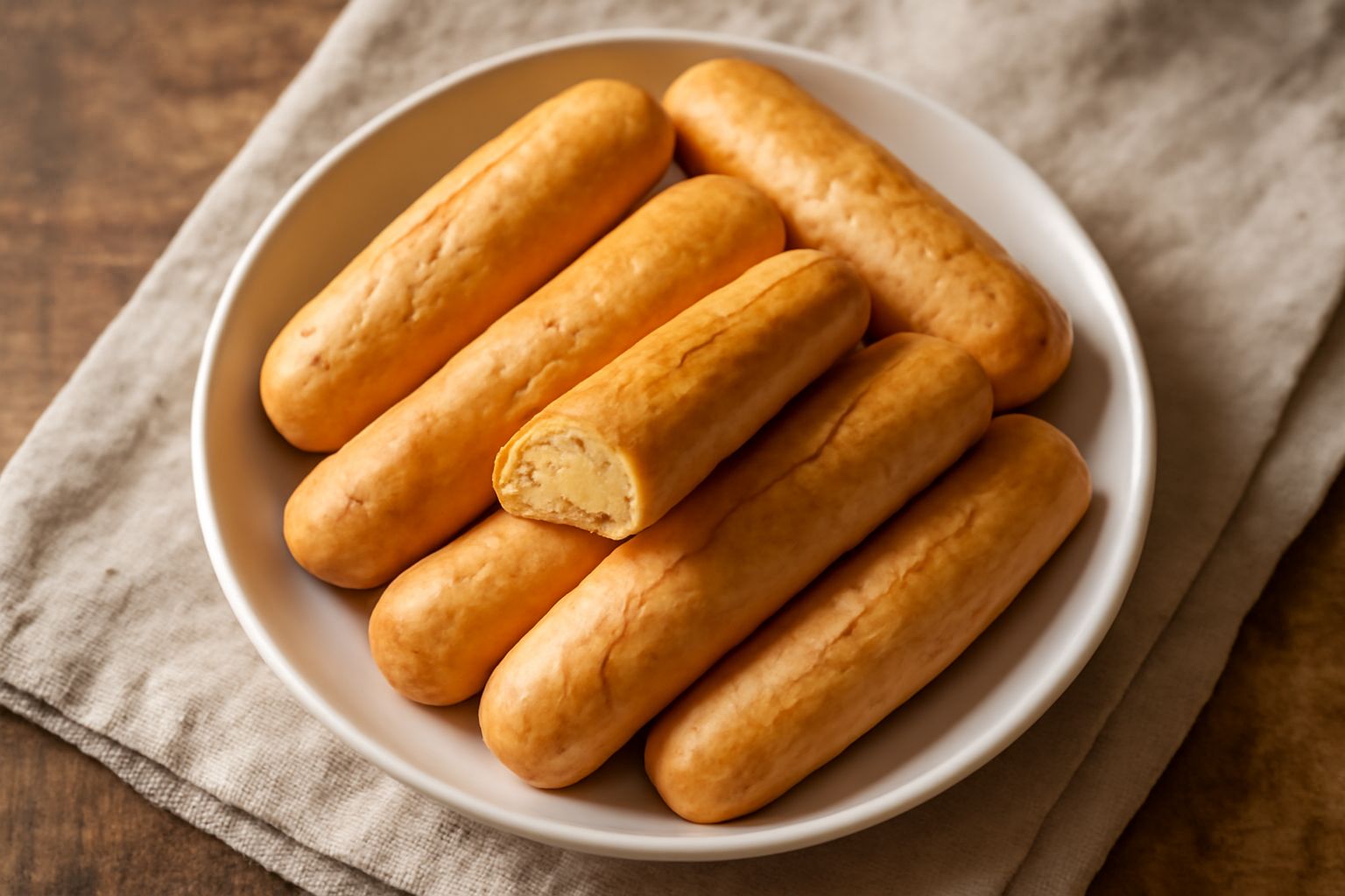 Biscotti di Mondolfo dorati e croccanti disposti su un piatto bianco, con taglio netto trasversale che mostra l'interno compatto, in luce naturale