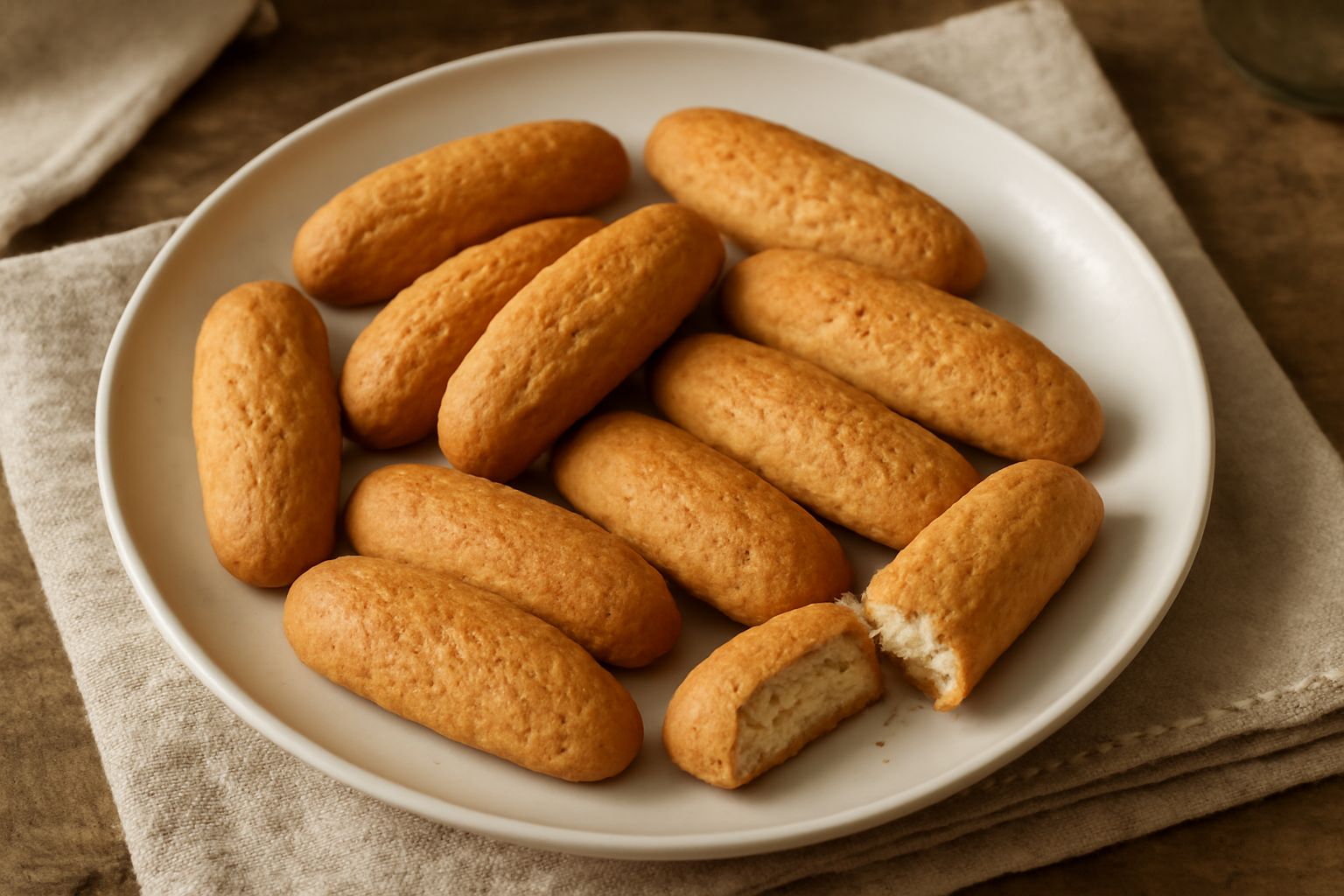 Biscotti di forma allungata e color dorato su un piatto bianco, con superficie leggermente rugosa e porosità visibile nella sezione di uno spezzato in due