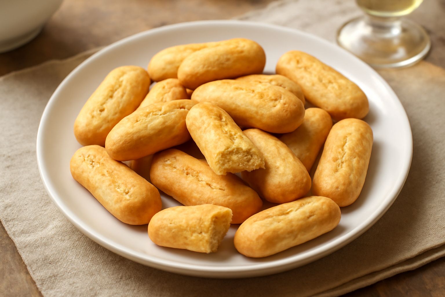 Biscotti di Montalto dorati e croccanti disposti in fila su un piatto bianco, con superficie liscia e leggermente lucida, profilo oblungo e compatto, sfondo di tela di lino naturale