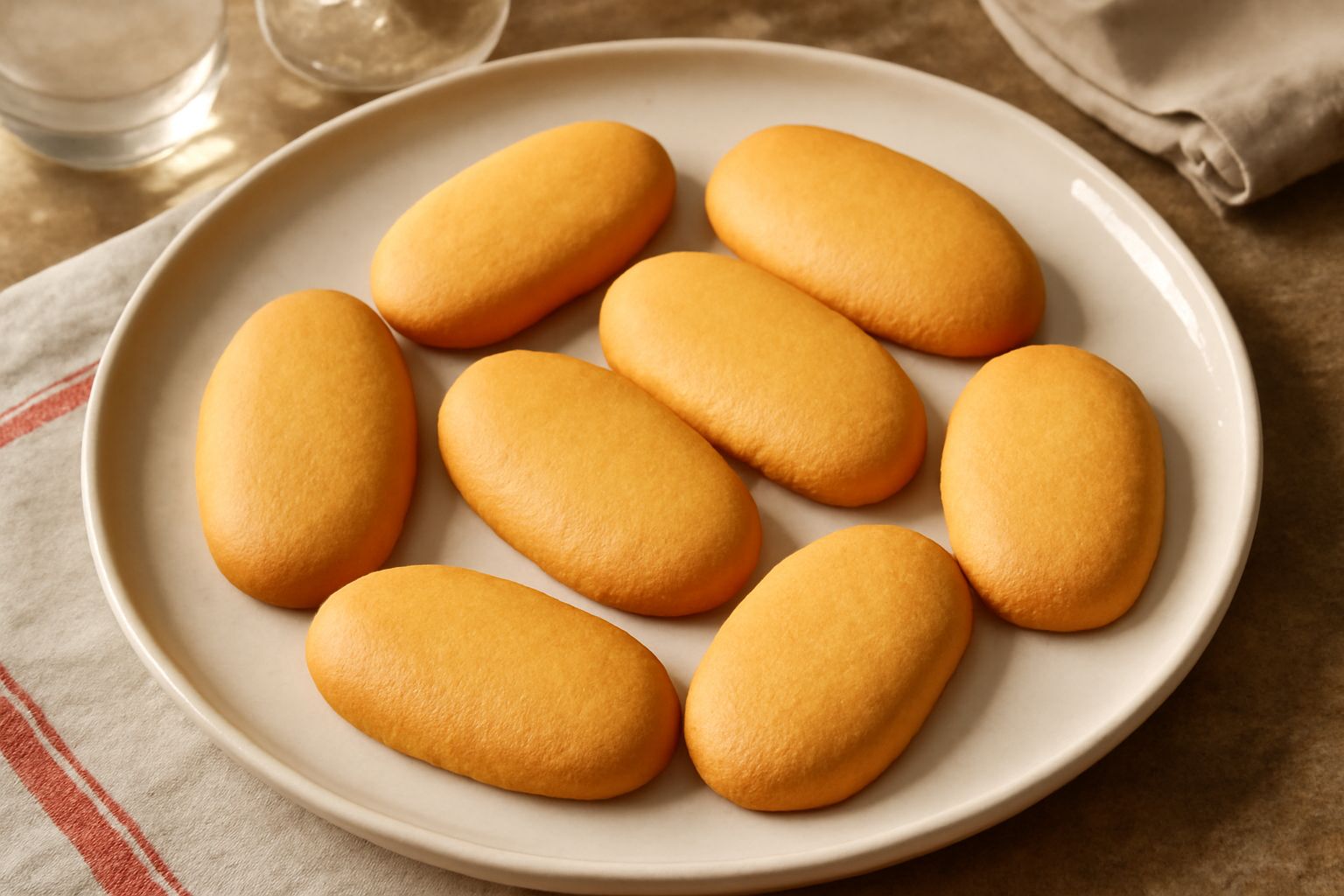 Circa venti biscotti ovali color biondo dorato, disposti in pile su un piatto bianco, con superficie liscia e croccante, illuminati da luce naturale