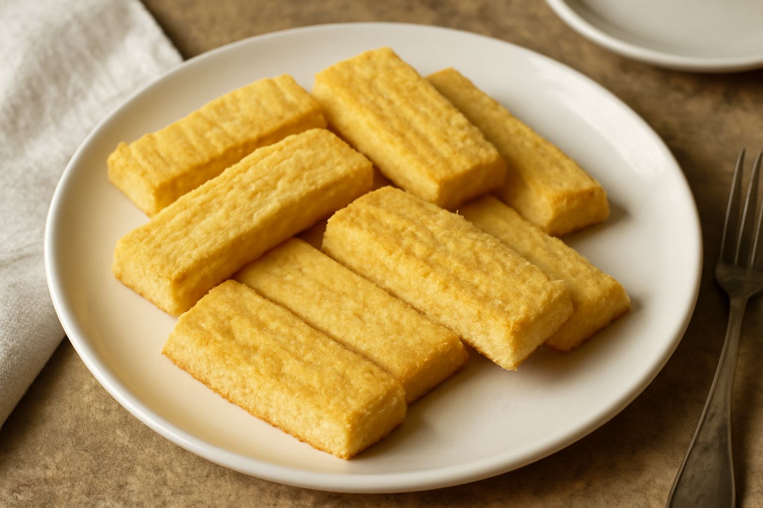 Biscotti rettangolari color oro con superficie leggermente rigata, impilati in due stack su un piatto bianco, in controluce che evidenzia la friabilità della consistenza
