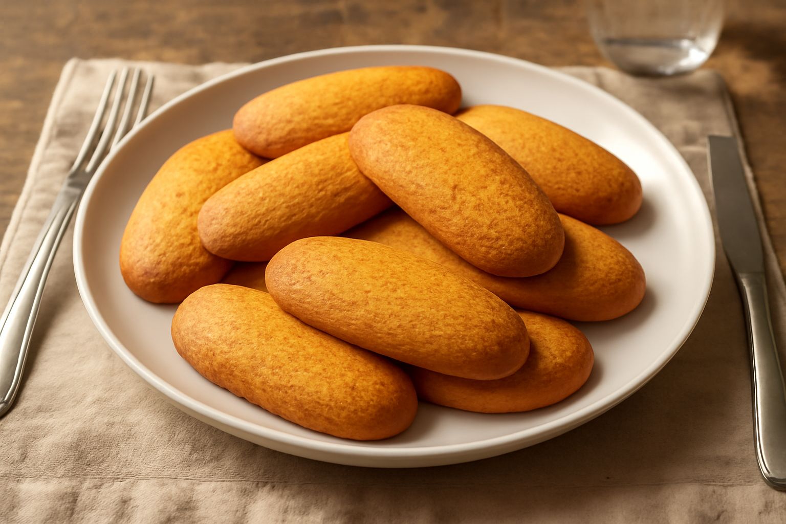 Biscotti ovali color oro con superficie levigata e croccante, allineati su una carta da forno bianca, con sfumature dorate ai bordi