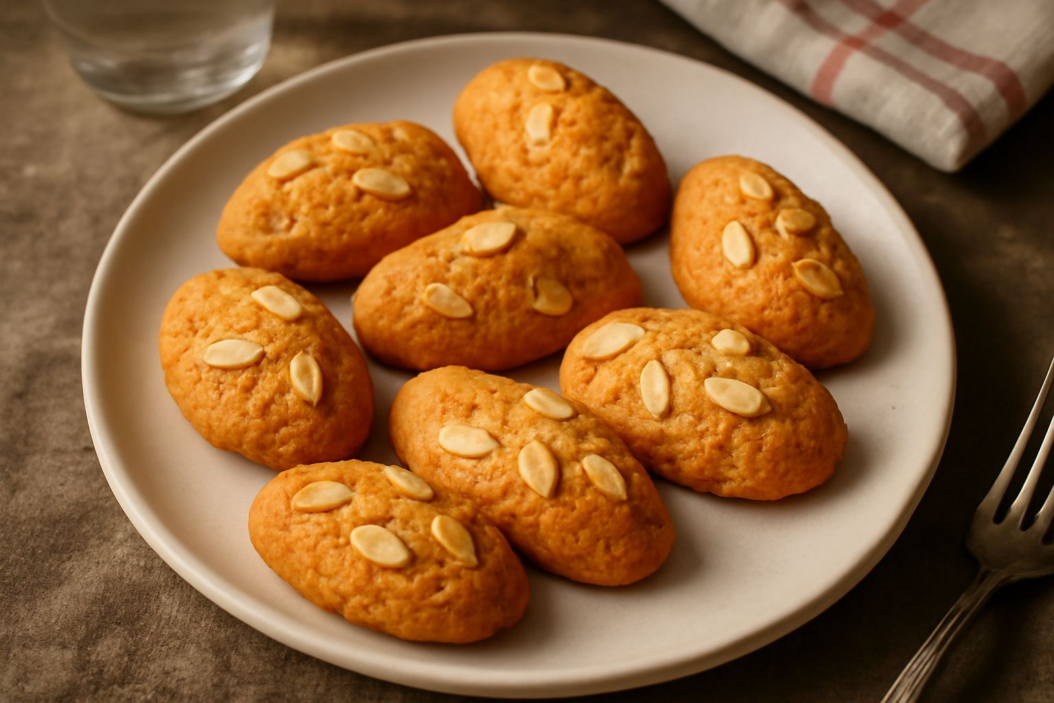 Biscotti dorati e croccanti con mandorle visibili, disposti su un piatto bianco con un filo di ombra, sfondo neutro chiaro