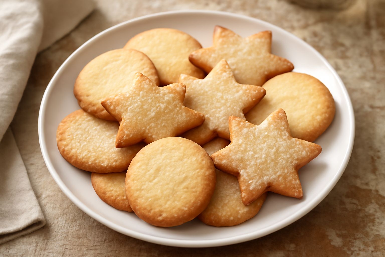 Biscotti dorati e croccanti di Natale disposti su una teglia da forno rivestita di carta forno, con spruzzate di zucchero di canna, profumano di cannella e spezie