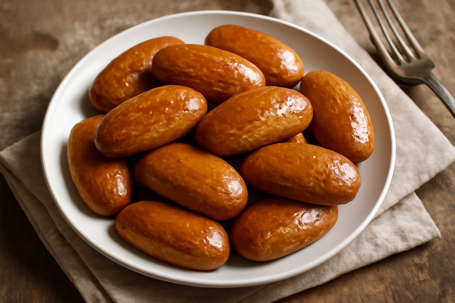 Una decina di biscotti dorati e ovali disposti su una tavola di legno chiaro, con una tazza di caffè sfocata sullo sfondo e qualche mandorla sparsa intorno