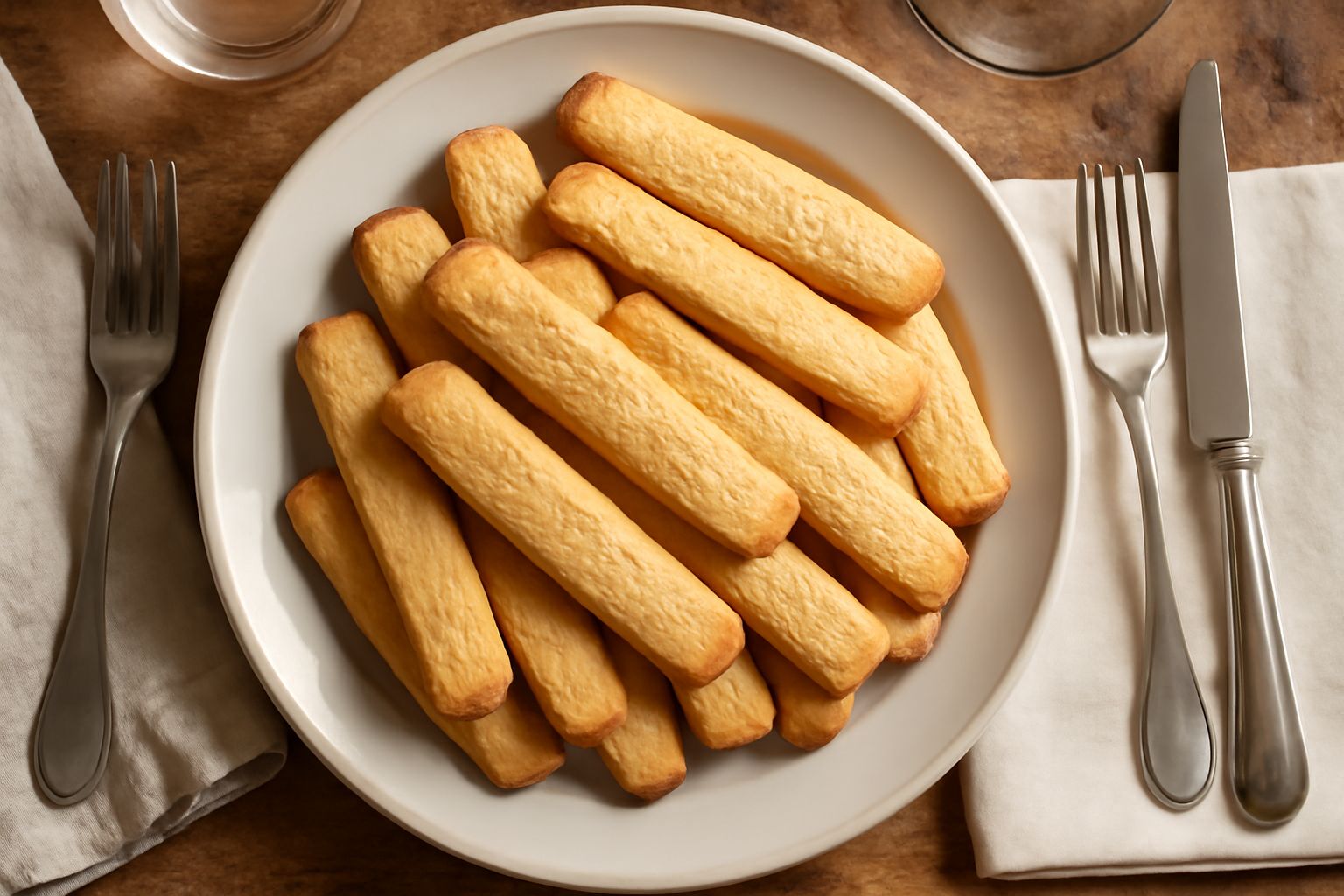 Biscotti dorati di forma ovale allungata, impilati su un piatto bianco, con superfice leggermente screpolata e brillante, accanto a una tazza di caffè e un cucchiaio di legno