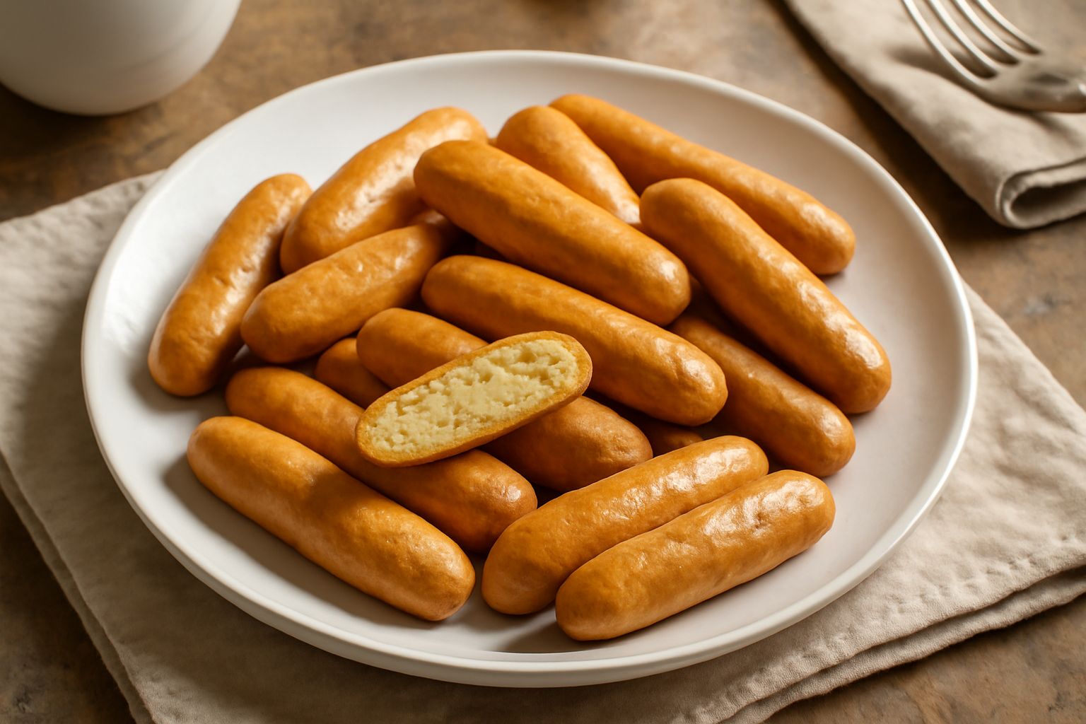 Biscotti dorati croccanti di forma ovale allungata disposti su un piatto bianco, con sfondo neutro, tagliati a fette trasversali che mostrano la struttura compatta e i pori uniformi dell'impasto