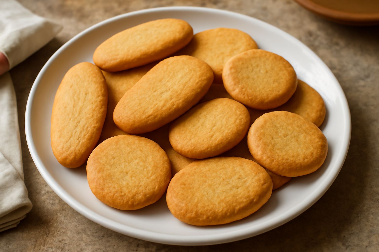 Biscotti dorati e friabili disposti su un piatto bianco, con superficie liscia e bordi leggermente ondulati, accanto a una tazza di caffè e qualche mandorla sgusciata
