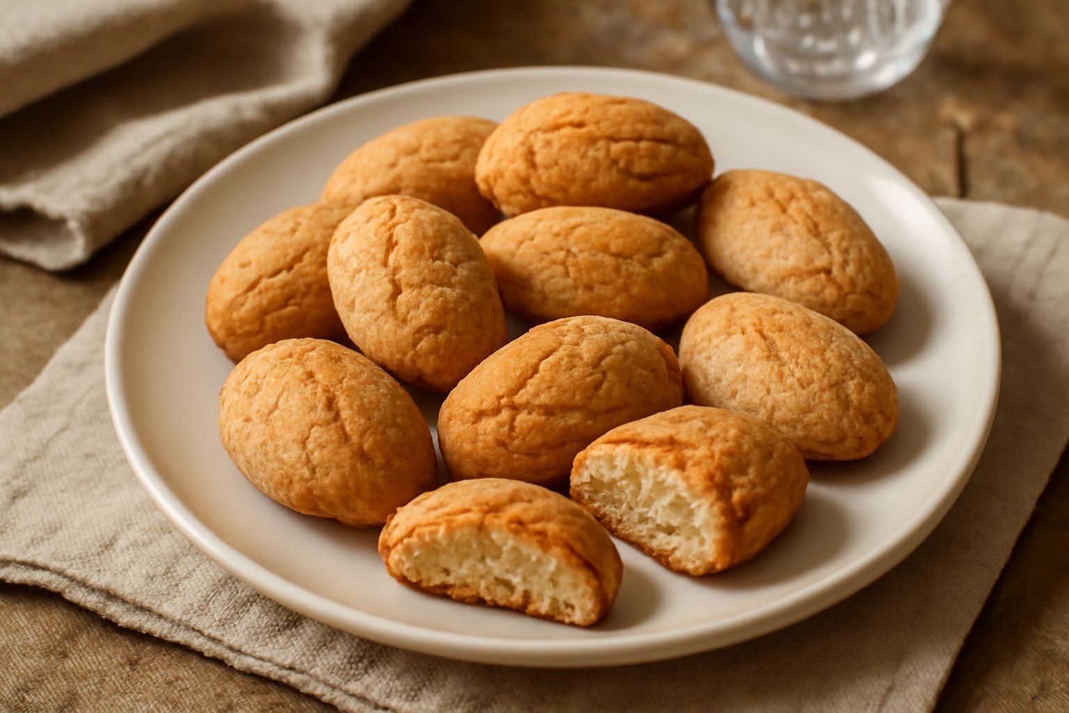 Biscotti di pasta di mandorla dorati e ovali disposti su un piatto bianco, con superficie leggermente screpolata e mandorle intere sparse accanto