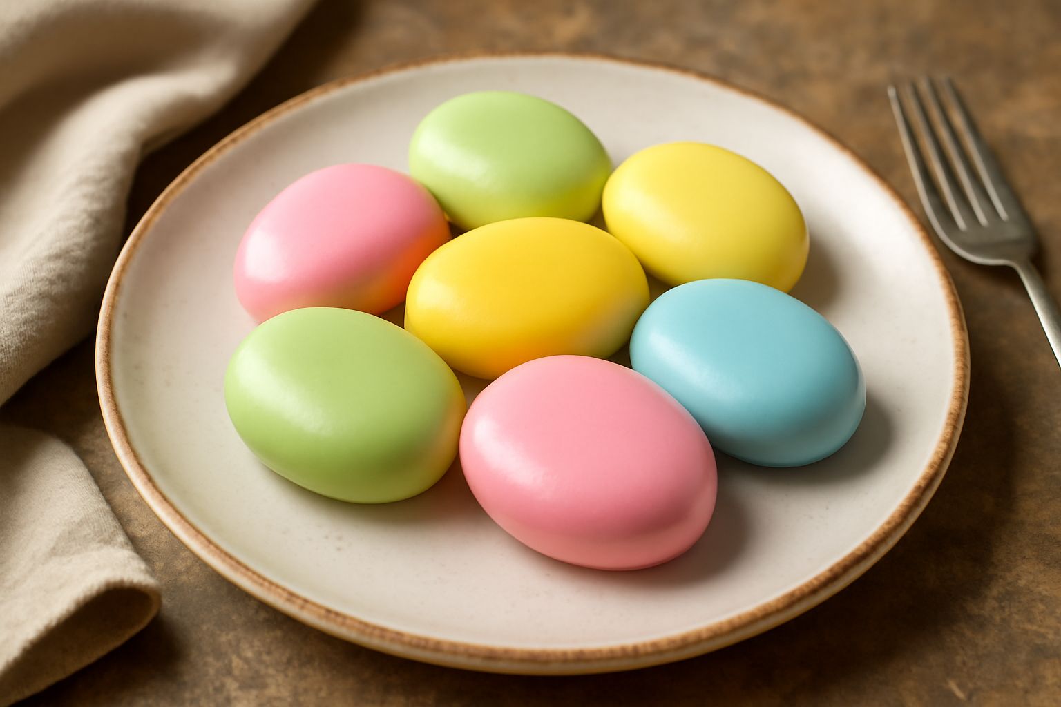 Biscotti di pasta reale di varie forme e colori, alcuni a forma di frutta, altri geometrici, disposti in file su un piatto bianco. La superficie è lucida e liscia, con sfumature di rosa, giallo, verde