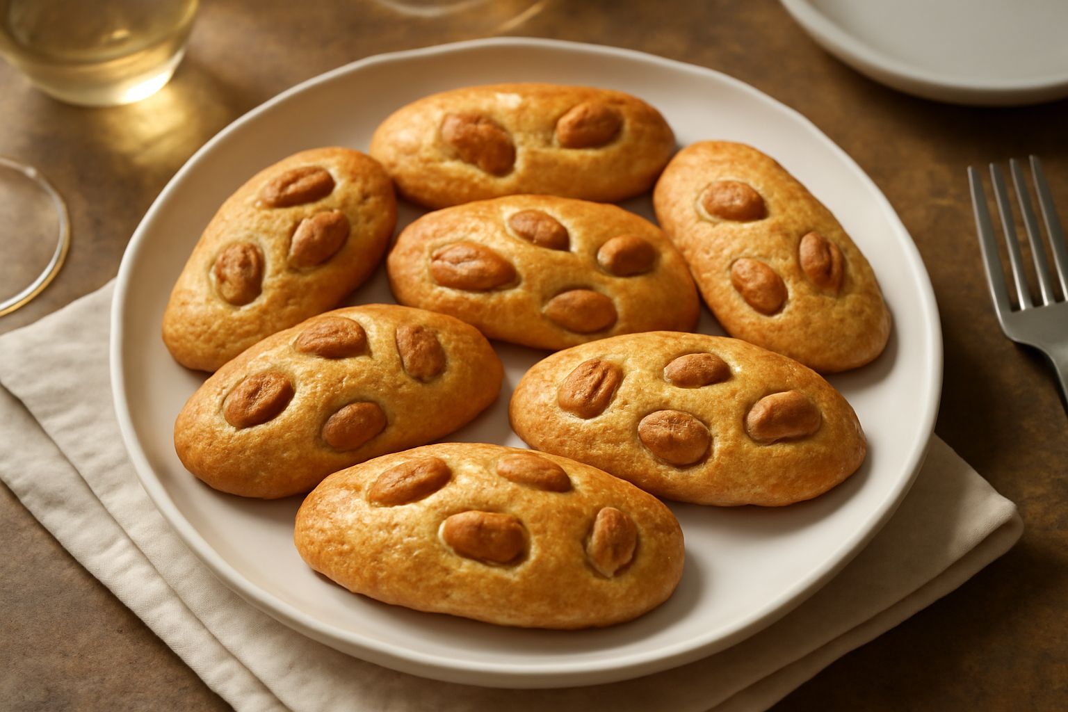Biscotti di Pavia dorati e croccanti disposti su un piatto bianco, con mandorle intere visibili sulla superficie, sfondo neutro con una tazza di caffè sfocata